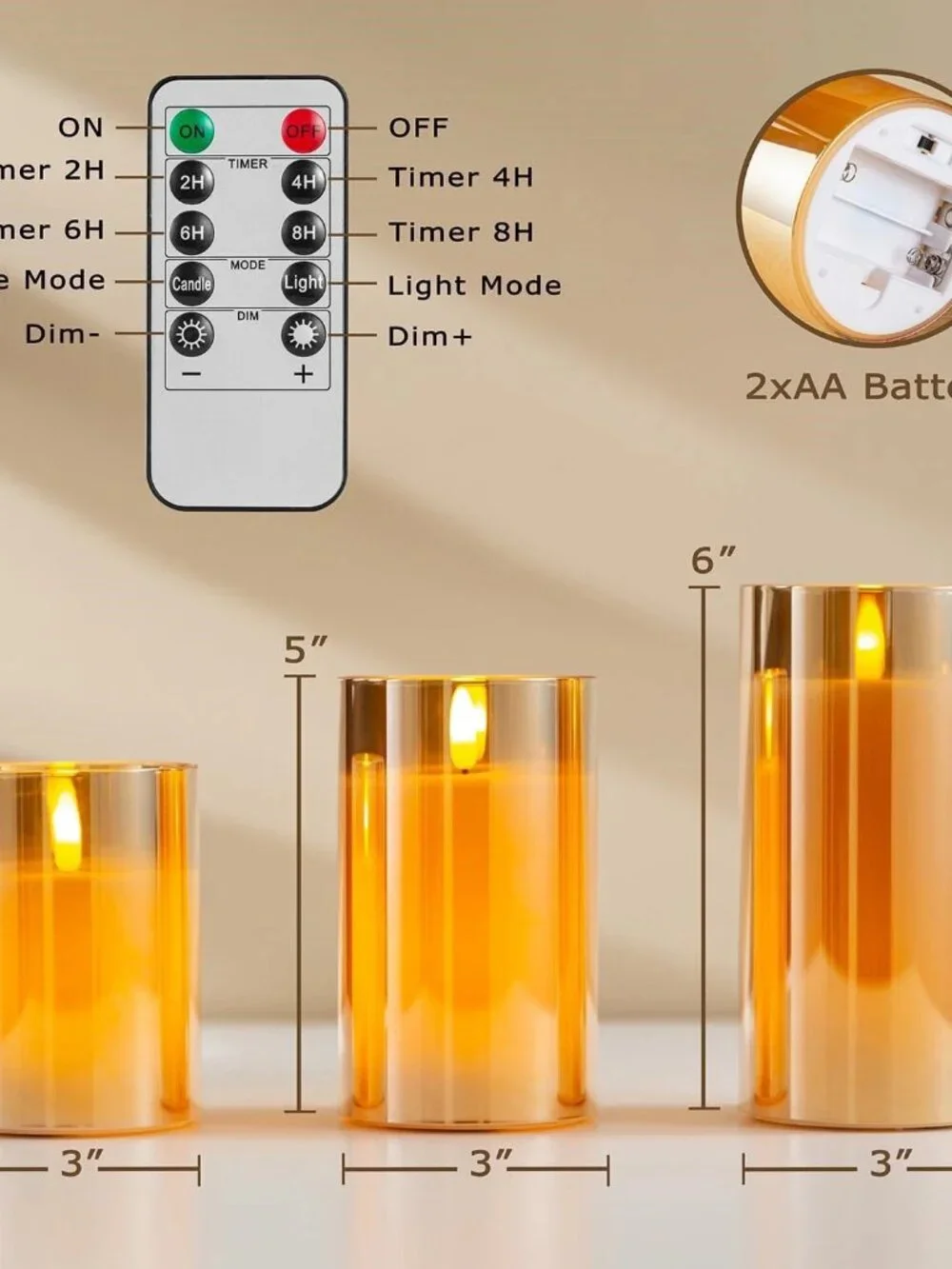 Rachel Zoe Set of 3 Gold Glass Flameless LED Candles Remote Control Timer NEW